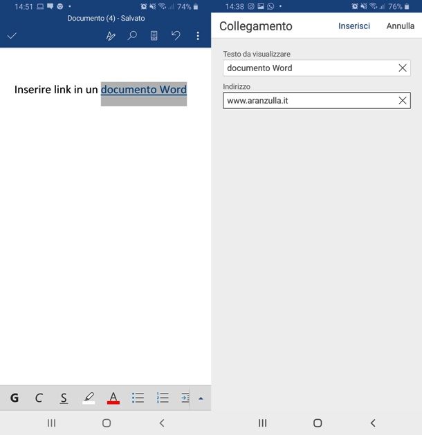 Inserire un link con Microsoft Word da smartphone