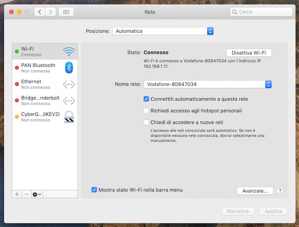 Configurazione Wi-Fi macOS
