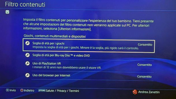 Come togliere il filtro contenuti PS4 da console