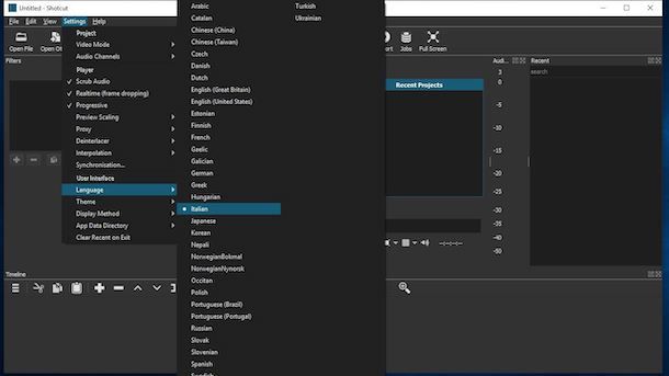 Cambiare lingua su Shotcut