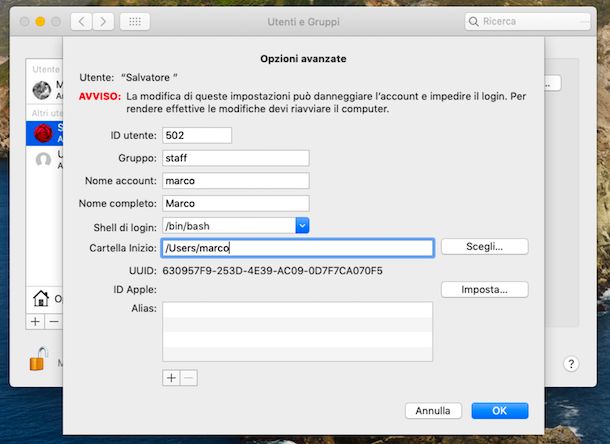 Modifica nome utente Mac