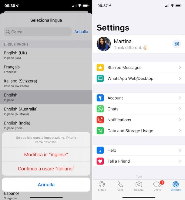 WhatsApp inglese iPhone