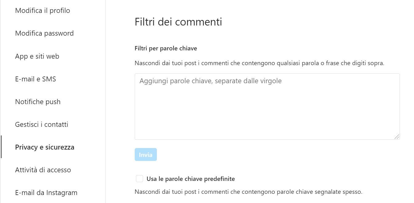 Filtrare commenti IG Web