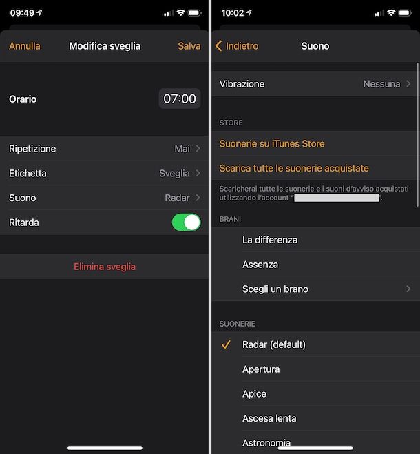 Impostazioni sveglia iPhone