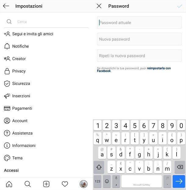 Cambio password Instagram da app