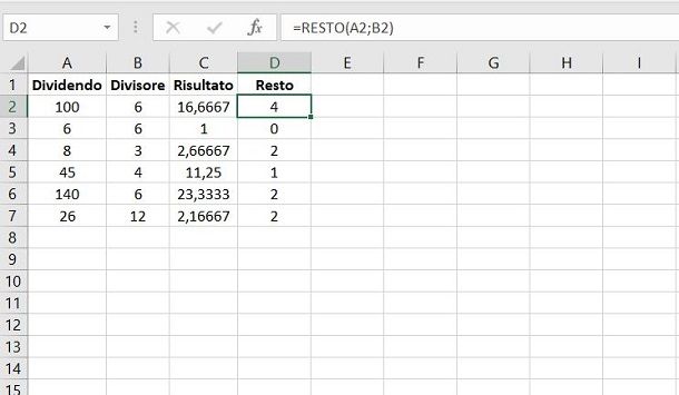 Come fare divisione con resto su Excel