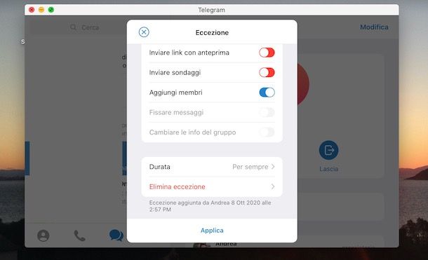 Bannare un utente su un gruppo Telegram da Mac