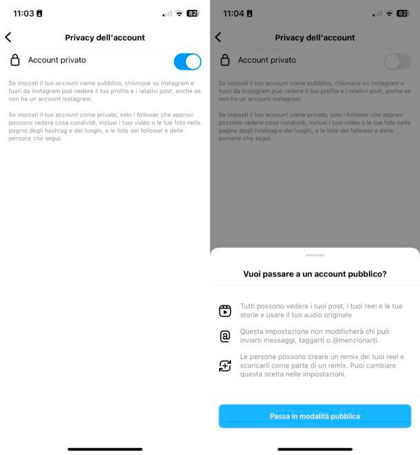 Togliere account privato su Instagram
