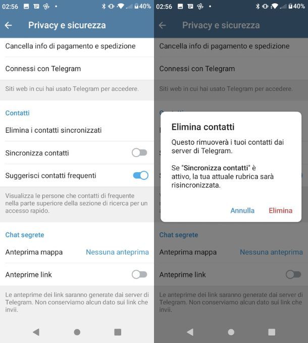 Eliminazione di tutti i contatti Android
