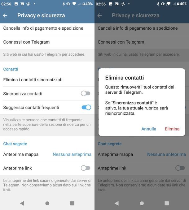 Eliminazione di tutti i contatti Android