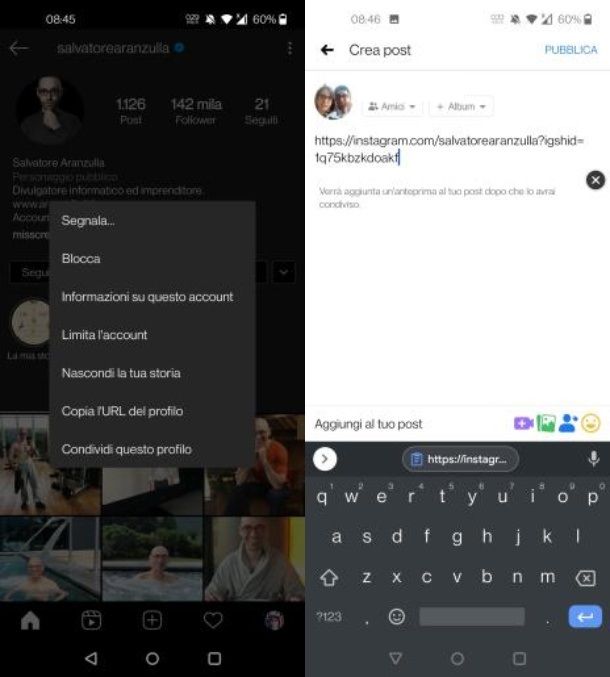 Come condividere un profilo Instagram su Facebook