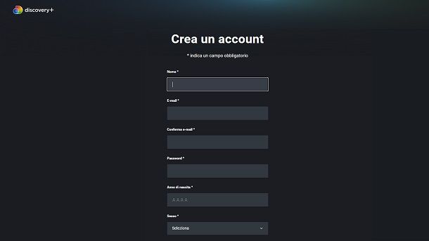 Creare account gratuito Discovery+