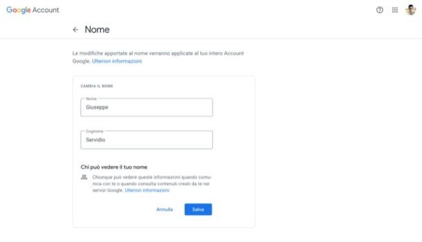 Cambiare nome account Google