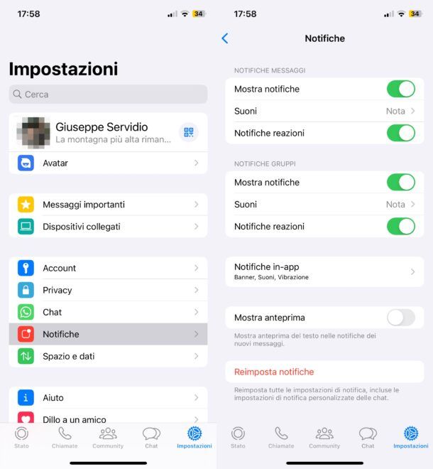 Disattiva anteprima messaggi WhatsApp sullo schermo