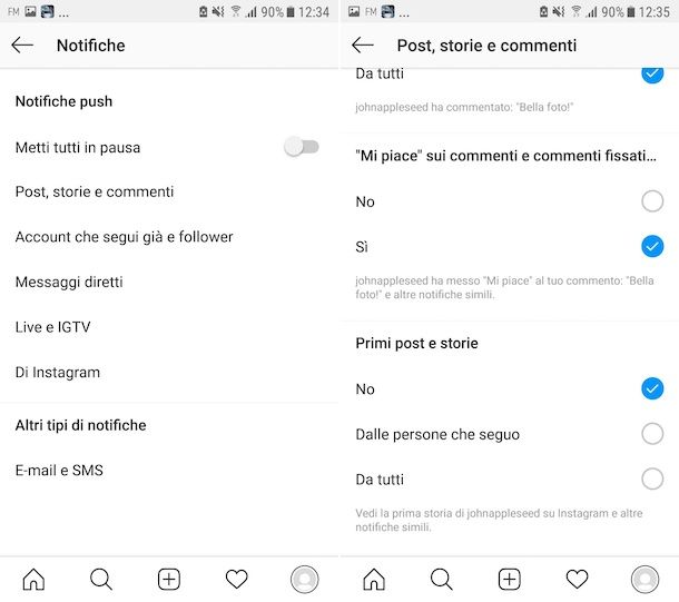 Disattivazione notifiche storie Instagram Android