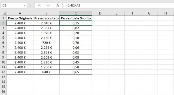 Percentuale di sconto su Excel