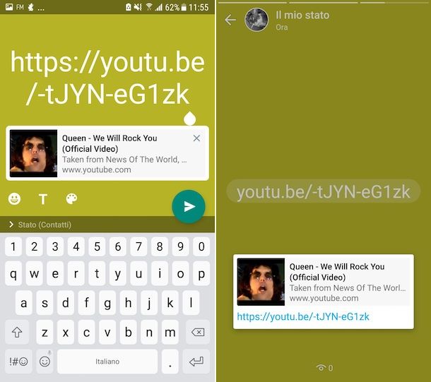 YouTube stato WhatsApp Android