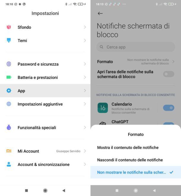 Disattivare notifiche sullo schermo