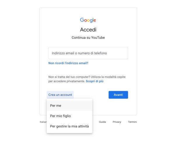 Creare secondo account Google