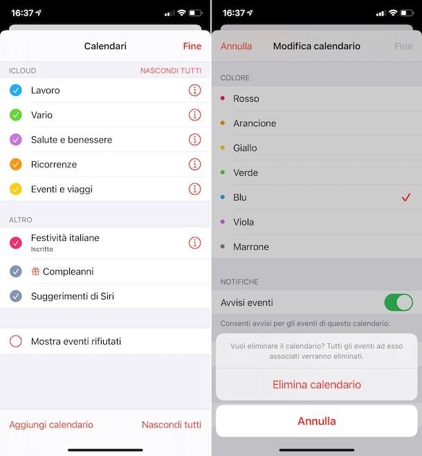 Eliminazione calendari iPhone