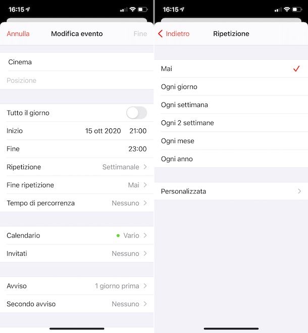 Eliminare ripetizione evento calendario iPhone