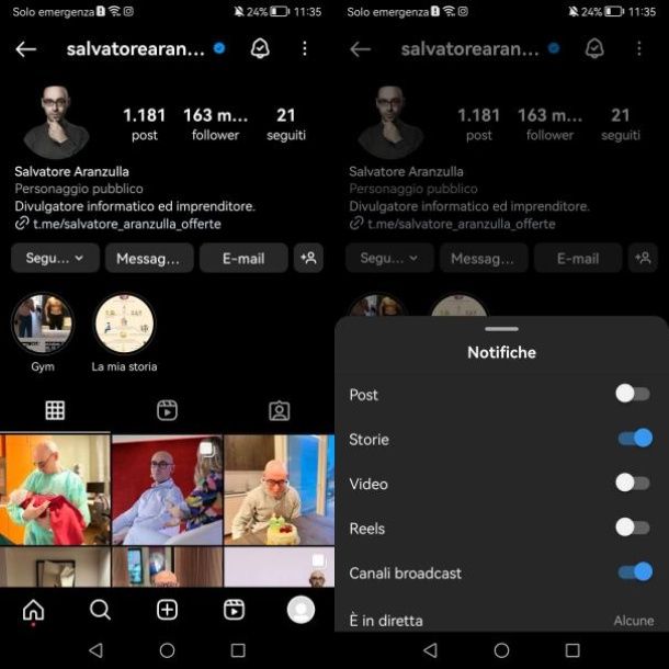 Come disattivare notifiche storie Instagram