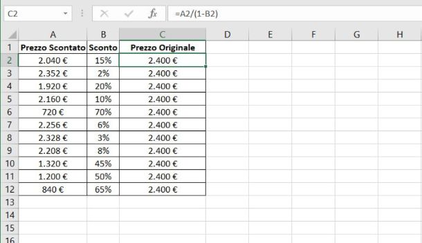 Prezzo originale su Excel