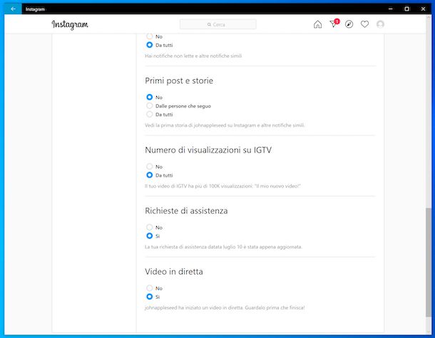 Disattivazione notifiche storie Instagram Windows 10