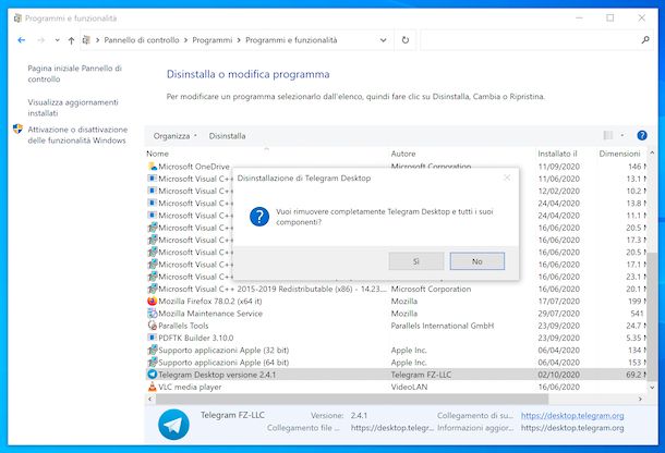 Disinstallare Telegram Windows