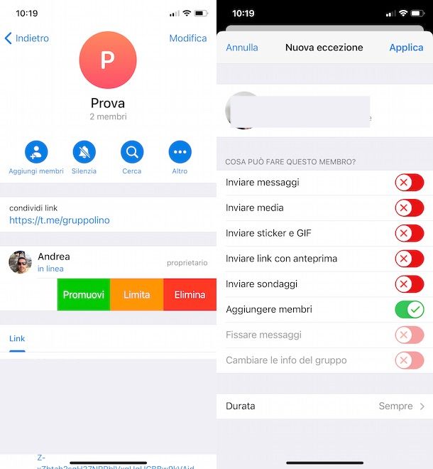 Limitare un utente in un gruppo Telegram su iPhone