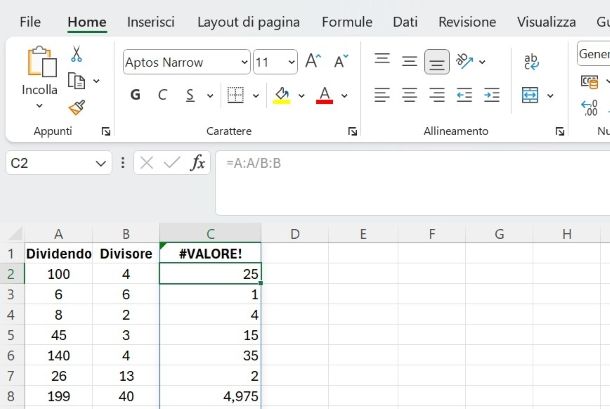 Come fare divisione tra due colonne Excel