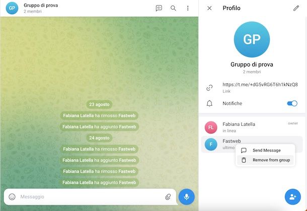 Cancellare contatto Telegram da un gruppo versione Web