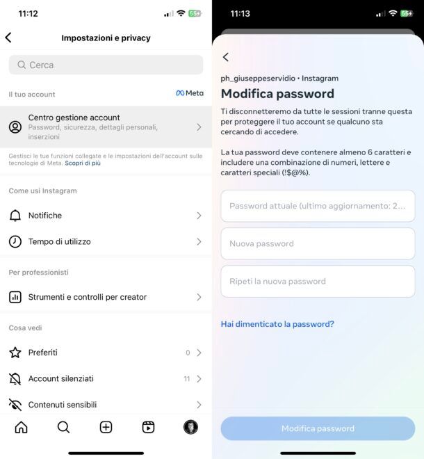 Cambiare password Instagram