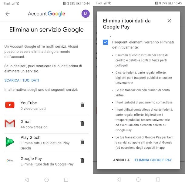 Eliminare dati Google Pay