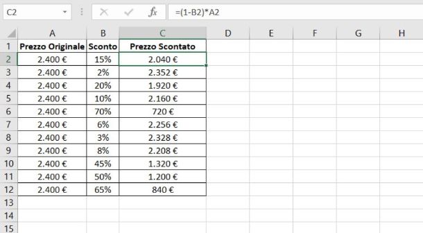 Prezzo scontato su Excel