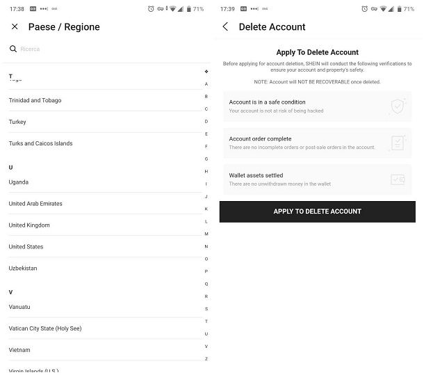 Procedura alternativa per disattivare account SHEIN