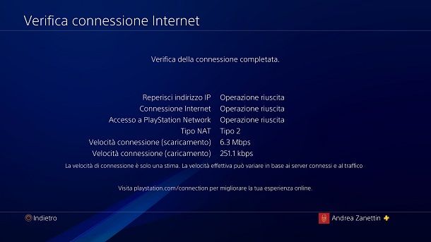 Verifica connessione Internet PS4