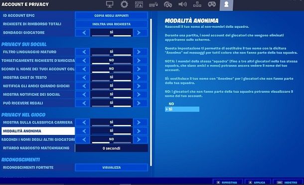 Attivare anonimo Fortnite