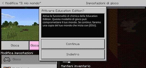 Attivare Education Edition Minecraft Bedrock