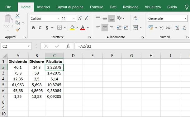 Come fare divisione con decimali su Excel