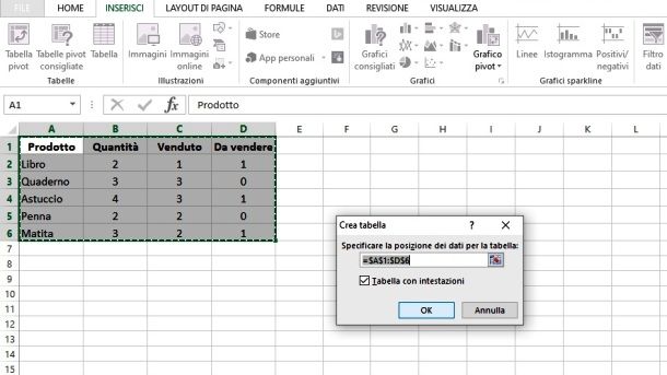 Creare una tabella con Excel