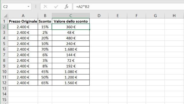 Valore dello sconto su Excel