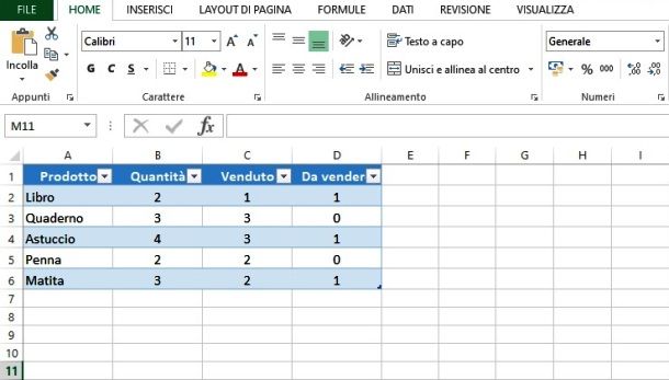 Creare tabella con Excel