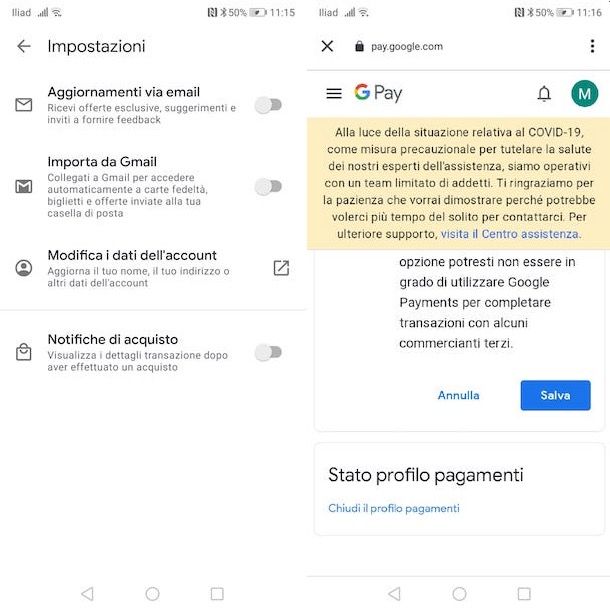 Chiudere account GPay