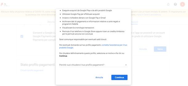 Chiudere account GPay da computer