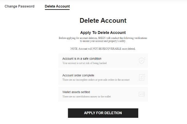 Procedura alternativa per disattivare account SHEIN