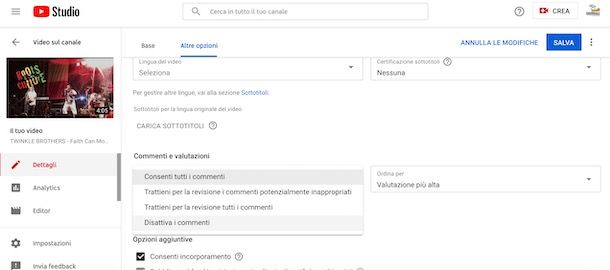 Disattivare commenti di un video su YouTube