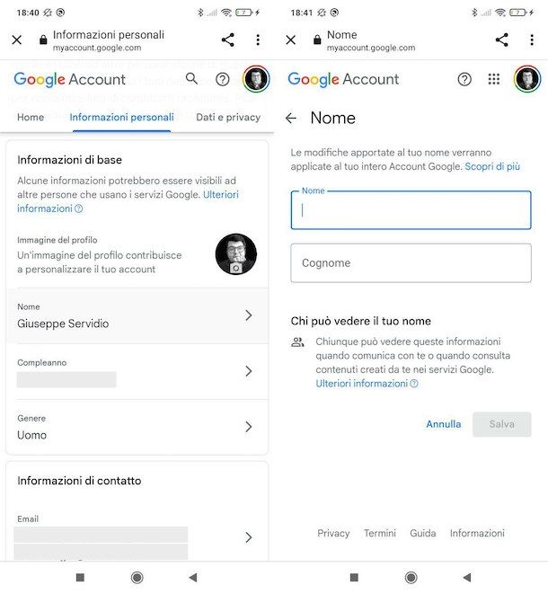 Cambiare nome account Google su Android