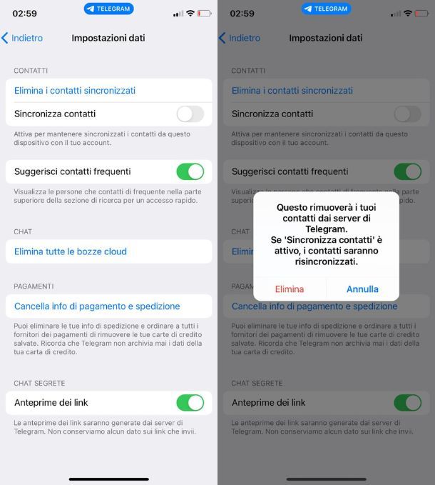 Eliminazione di tutti i contatti Telegram iPhone