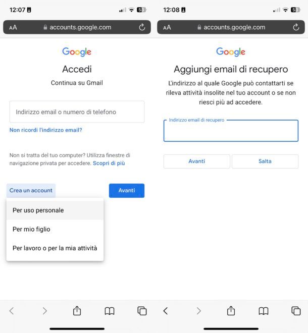 Creare account Google da smartphone